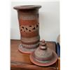 Image 15 : Wood Candle Holder with Bee Candle, Medalta Potteries Crock, and Carved Pottery Lantern