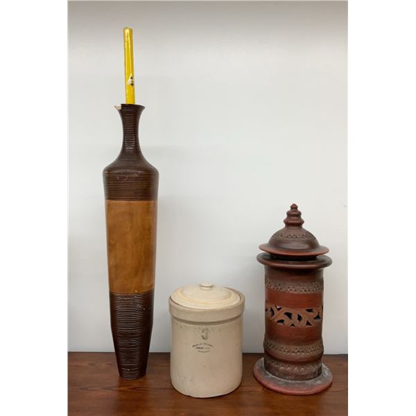 Wood Candle Holder with Bee Candle, Medalta Potteries Crock, and Carved Pottery Lantern