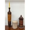 Image 1 : Wood Candle Holder with Bee Candle, Medalta Potteries Crock, and Carved Pottery Lantern