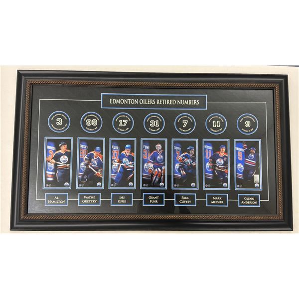 Frameworth Edmonton Oilers Retired Numbers Banner Frame - 7 Legends incl Gretzky 99 and Messier 11