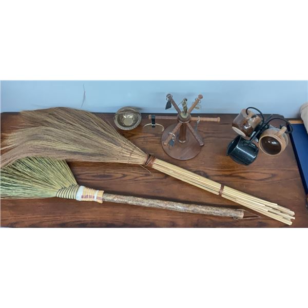 2 Handmade Straw Brooms, Brass Bowl, Golf Key Holder, and 4 Mug Set