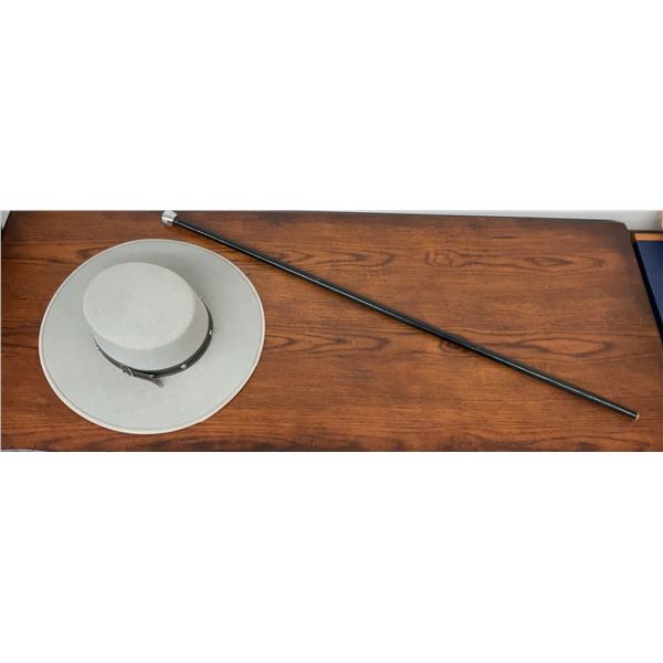 Grey Felt Dress Up Hat with Black Band and Metal-Banded Black Cane
