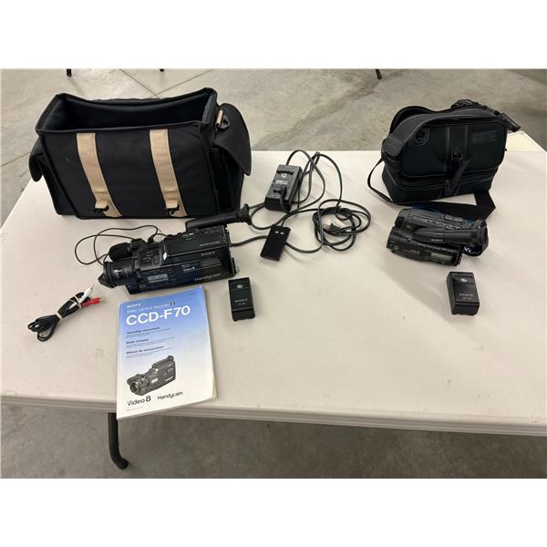 Collection of 2 Working Sony Video8 Handycams - 1 CCD-F70 8x Zoom, 1 CCD-TR77 10x Zoom with Extras