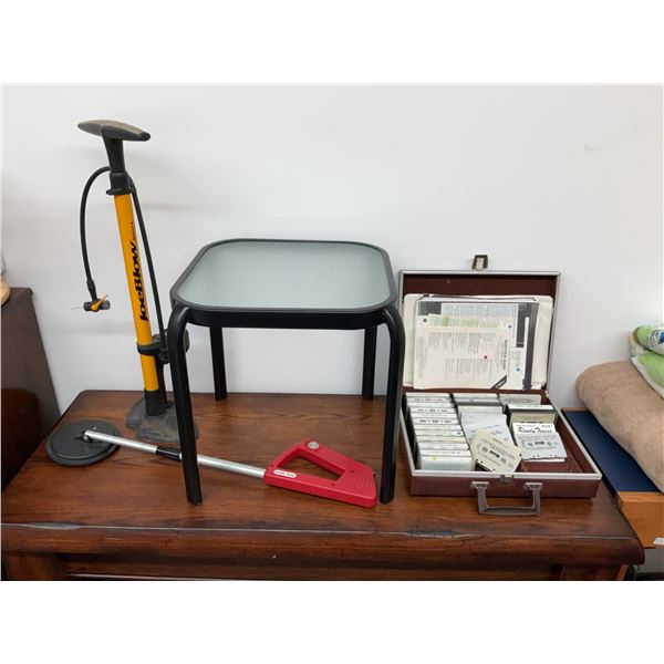 Cassette Tape Box with Lyrics, Coast Toys Metal Detector, Glass Table, Joe Blow Pump