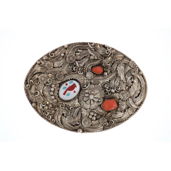 194-50 Zuni Bird Inlaid Coral & Sterling Buckle