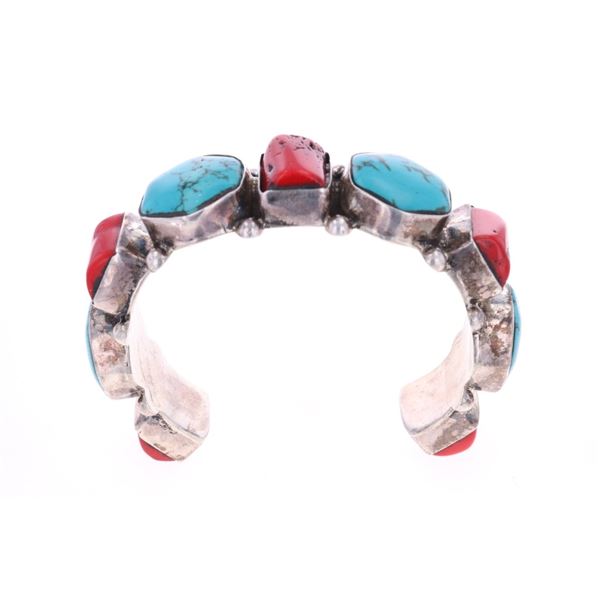 Navajo Silver Turquoise Red Branch Coral Bracelet