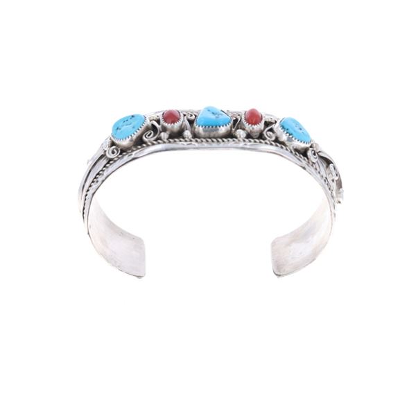 Navajo H.Tsosie Sterling Turquoise Coral Bracelet
