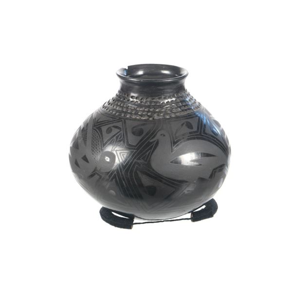 Mata Ortiz Black on Black Pottery Olla by Sandoval