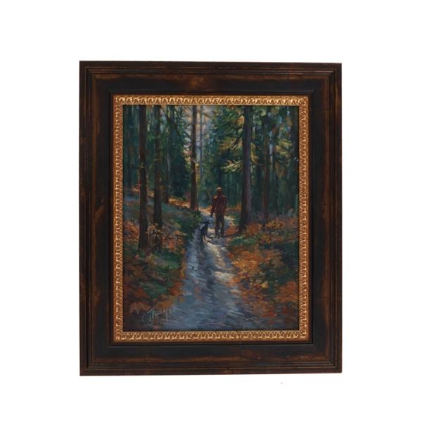 C. Thayer "Man Walking Dog Through Woods" Artwork