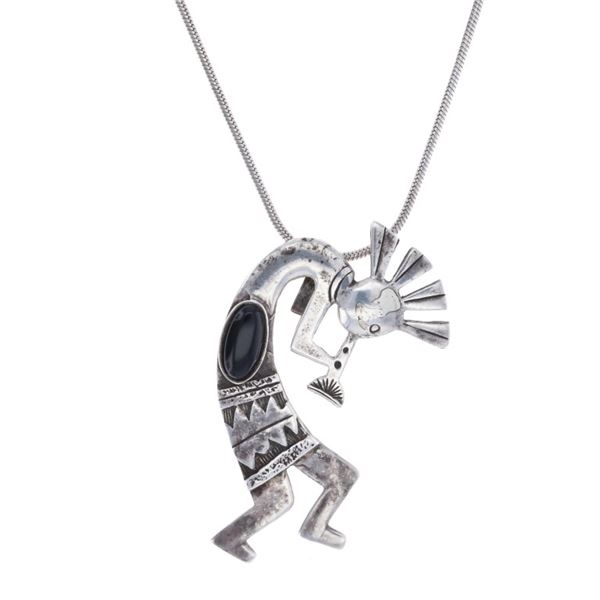 Zuni Sterling Silver Jet Kokopelli Necklace