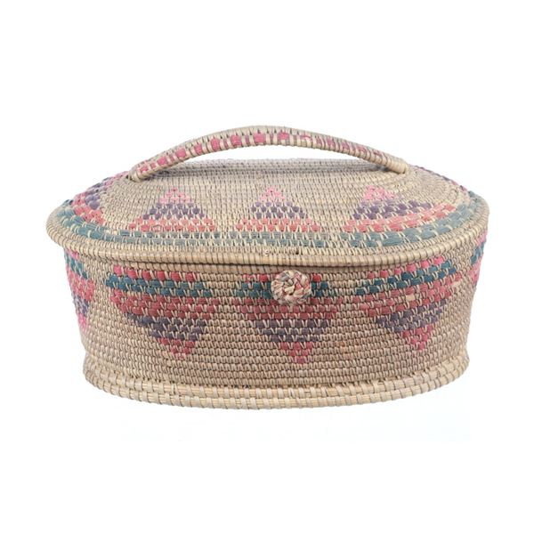 Inuit Hand Woven Natural Polychrome Lidded Basket