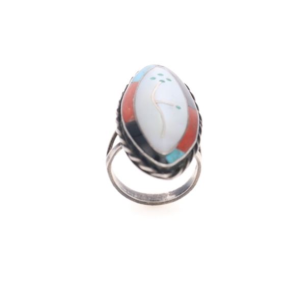Zuni Sterling Silver Floral Inlay Multistone Ring