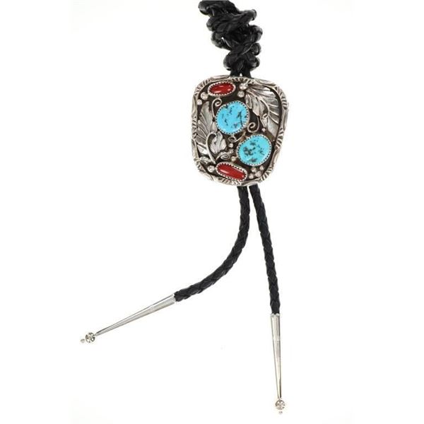 Navajo H. Tsosie Sterling Turquoise Coral Bolo Tie