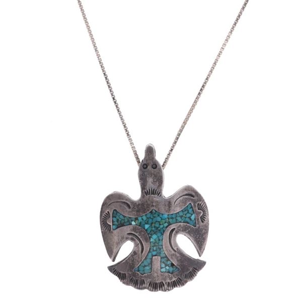 Zuni Silver Chipped Turquoise Waterbird Necklace