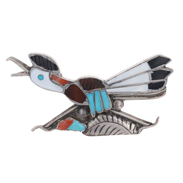 Zuni Silver Multistone Inlaid Roadrunner Pin