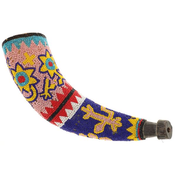 Early Vintage Huichol Fully Beaded Powder Horn