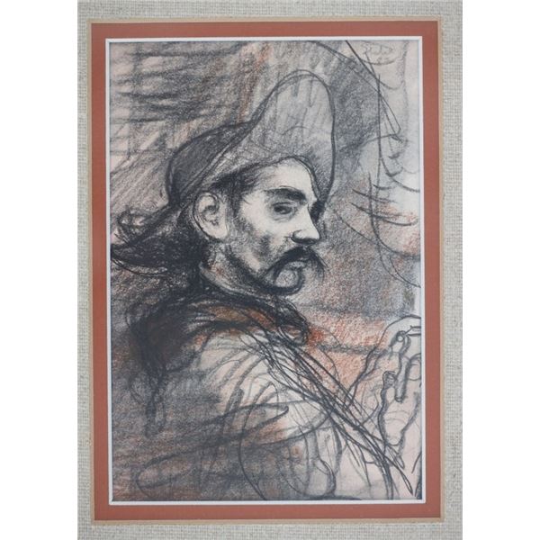 Original Antique Charcoal Drawing, Charcoal Bandit
