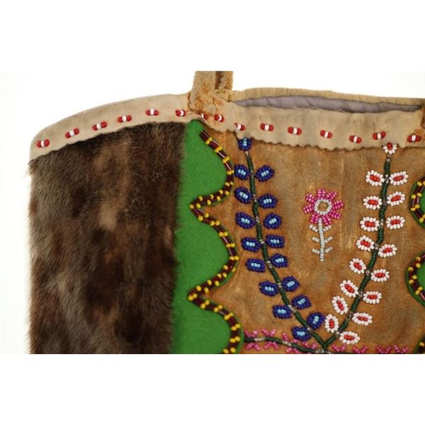 Metis Indians Seal Skin & Cowhide Beaded Bag