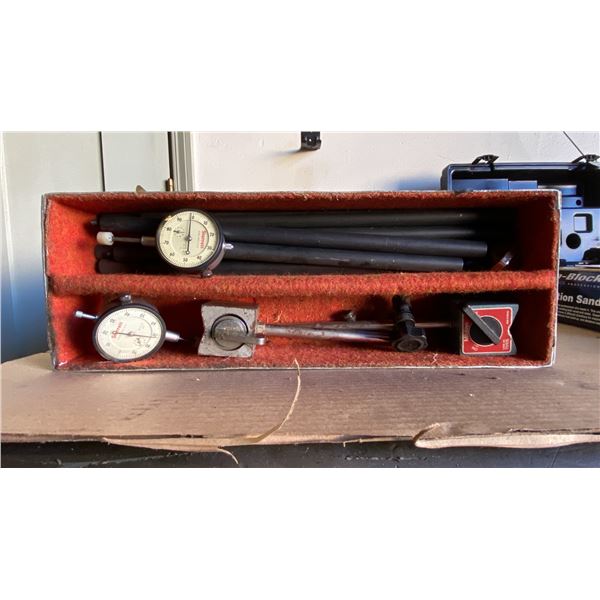 2 STARRETT DIAL GAUGES WITH MAGNETIC STANDS AND CASE