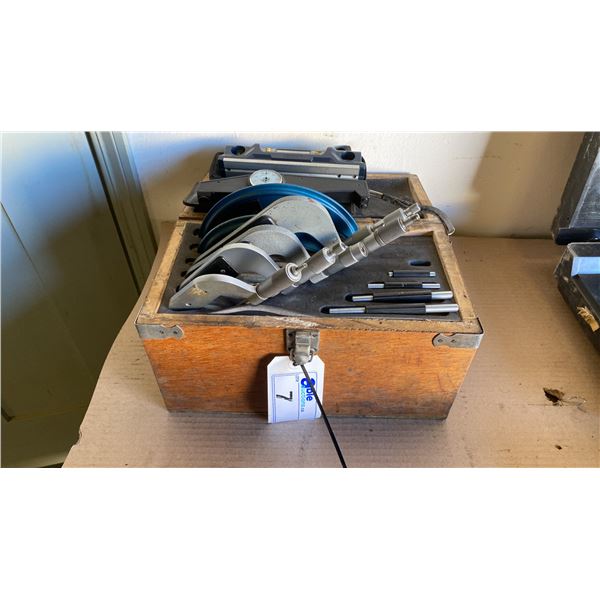 PARTIAL MICROMETER SET WITH WOOD CASE, LASER LEVEL AND POSITEST GAUGE