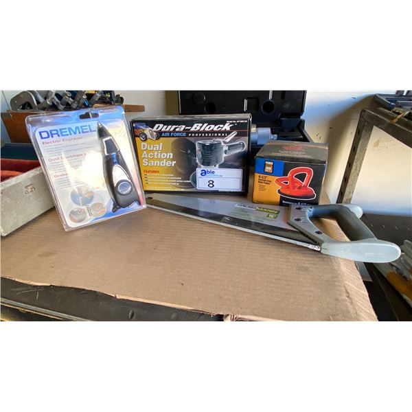 GROUP OF 4 NEW TOOLS - DUAL-ACTION AIR FORCE PROFESSIONAL SANDER, DREMEL ELECTRIC ENGRAVER,