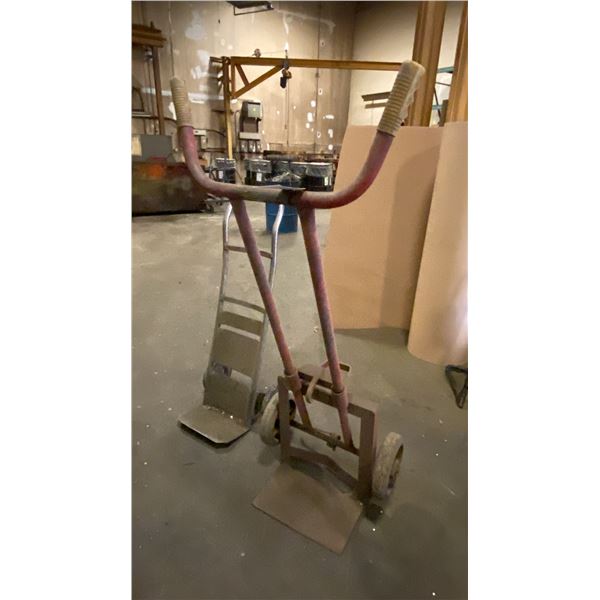 ORANGE BARREL DOLLY AND GREY 2 WHEEL DOLLY