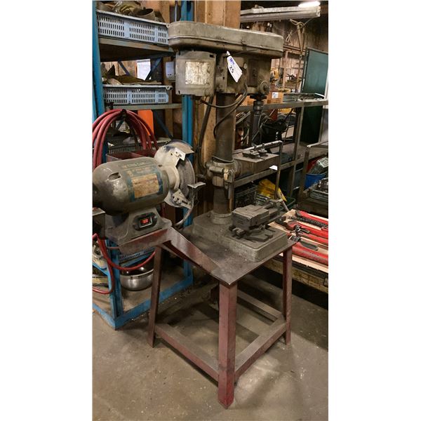 ASHINA BENCH DRILLING MACHINE, MACHINIST VISE AND KING CANADA 8" BENCH GRINDER