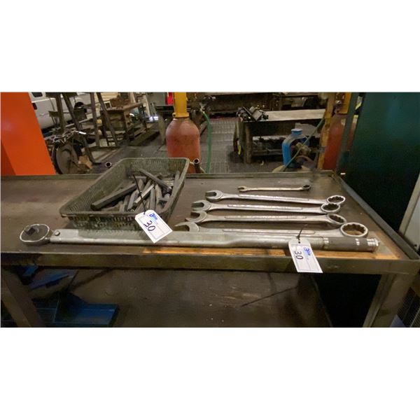 HEAVY DUTY 3/4" TORQUE WRENCH, 5 LARGE COMBINATION WRENCHES AND BASKET OF LARGE ALLEN KEYS