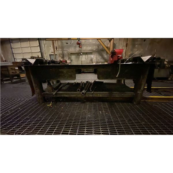 CUSTOMIZED HEAVY STEEL WORK TABLE WITH VISE, RATCHET TIE DOWNS, 2 DRAWERS FULL OF NUTS & HARDWARE