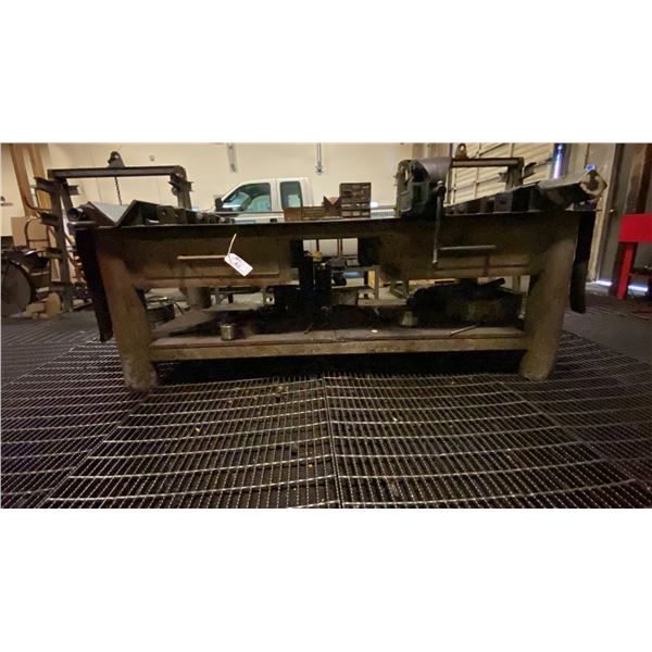 CUSTOMIZED HEAVY STEEL WORK TABLE WITH VISE, RATCHET TIE DOWNS, 2 DRAWERS OF ASSORTED FITTINGS