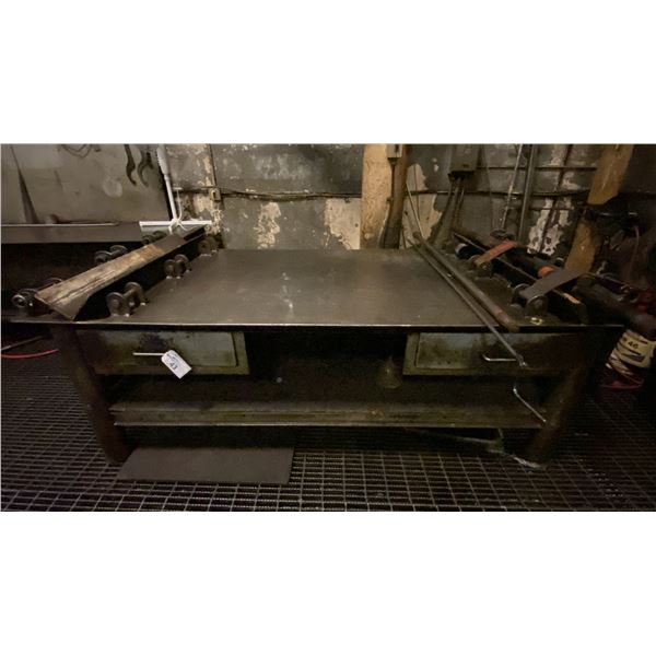 CUSTOMIZED STEEL WORK TABLE WITH RATCHET TIE DOWNS, 2 DRAWERS FULL OF STEEL COMPONENTS & FITTINGS