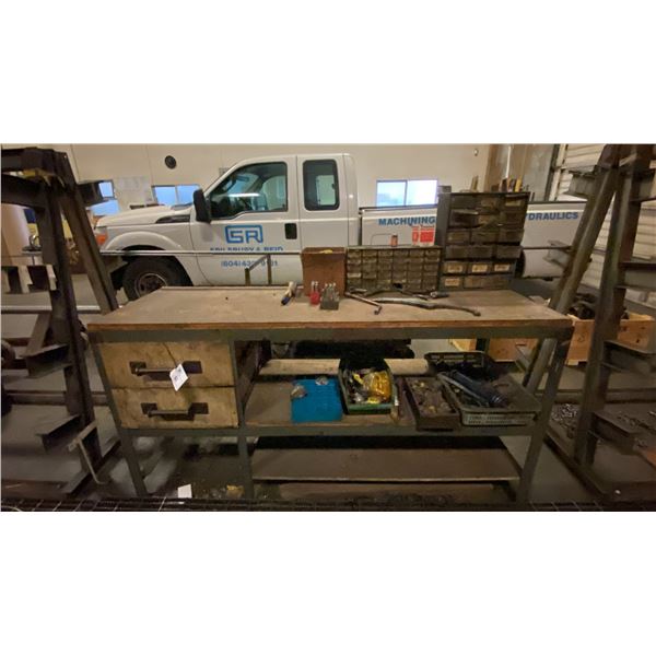 STEEL FRAMED WITH WOOD TOP WORK TABLE AND CONTENTS - FITTINGS, HARDWARE, PUNCH SETS, PARTS