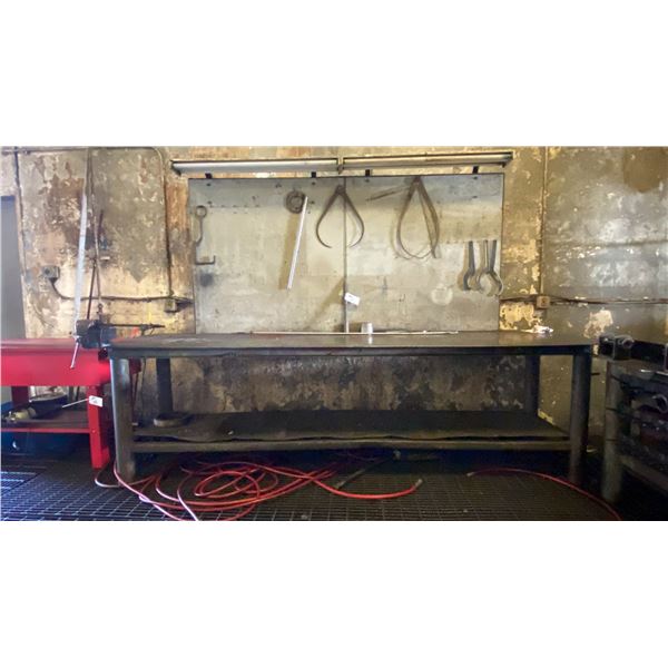 STEEL WORK BENCH WITH LIGHTED BACKBOARD AND ATTACHED VISE - APPROX. 10 1/2FT X 3FT X 7FT HIGH TO