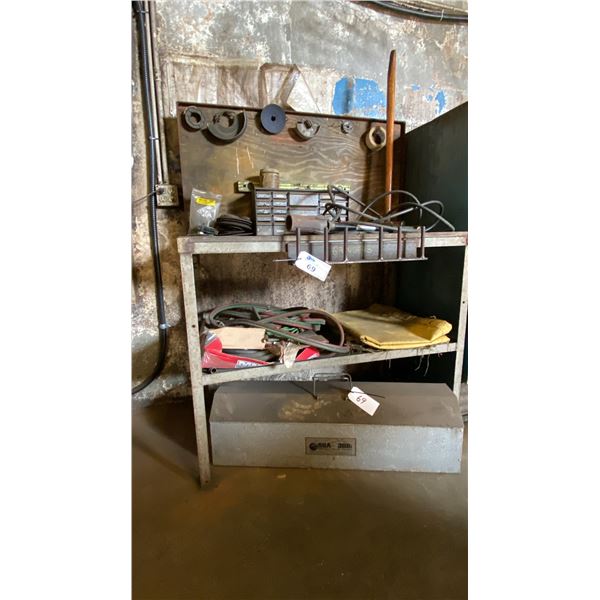 METAL FRAME WITH WOOD SHELVES WORK BENCH WITH CONTENTS - LARGE TOOL BOX, TIGER