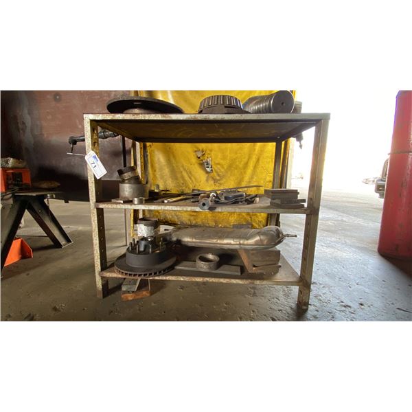 3 TIER METAL SHELVING UNIT AND CONTENTS - MOSTLY VEHICLE PARTS, SOME TOOLS AND SCRAP METAL