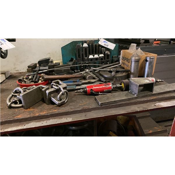 GROUP OF ASSORTED MACHINIST TOOLS - T-SLOT CLAMPING SET, HAND TOOLS, PNEUMATIC TOOLS AND