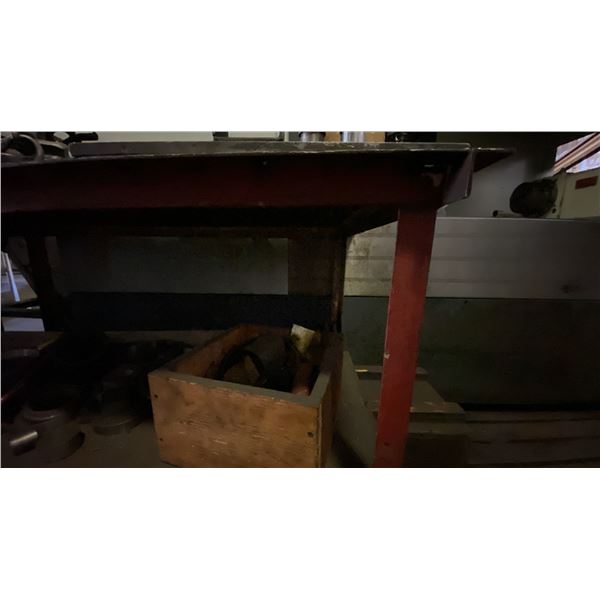 2 SHELVES OF MACHINIST STEEL PARTS AND ACCESSORIES AND STEEL WORK TABLE -