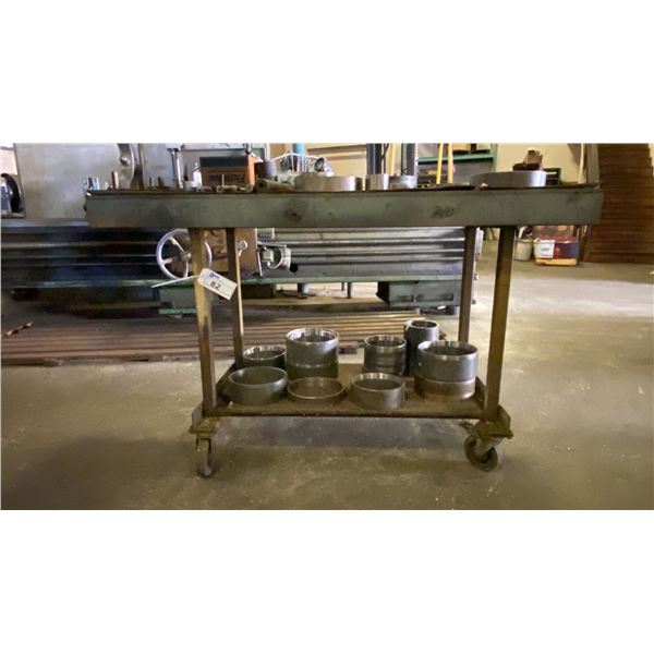 MOBILE STEEL WORK TABLE WITH ASSORTED MACHINIST STEEL PARTS AND ACCESSORIES -