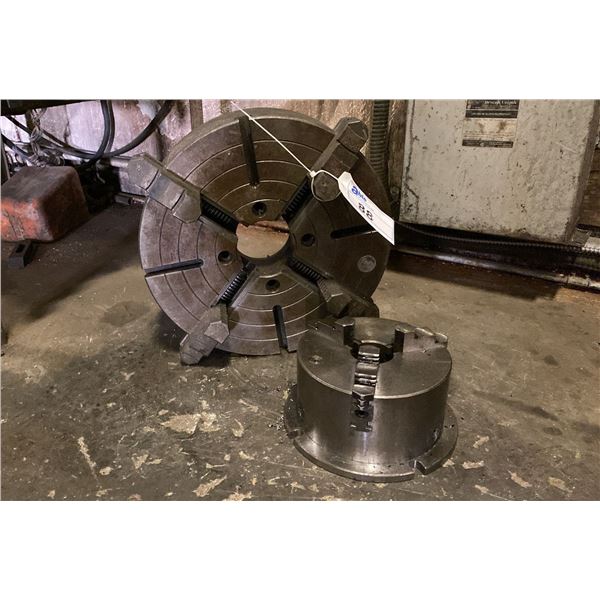 4 JAW 16" DIAMETER LATHE CHUCK AND 3 JAW 8" DIAMETER LATHE CHUCK