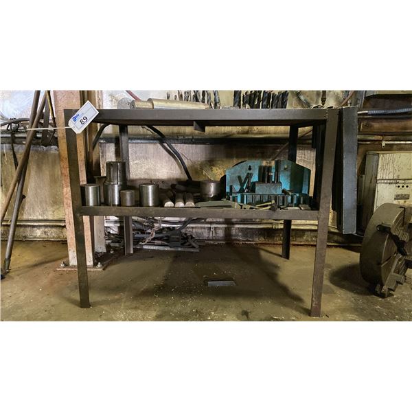 METAL 2 TIER WORK TABLE WITH ASSORTED MACHINIST TOOLS - T-SLOT CLAMPING SET, DRILL BITS AND