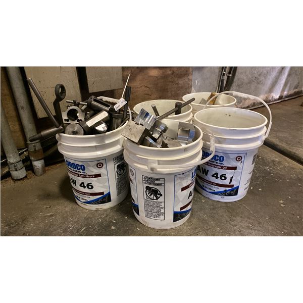 5 LORDCO PALES FILLED WITH ASSORTED MILLING AND LATHE MACHINIST ATTACHMENTS AND HARDWARE