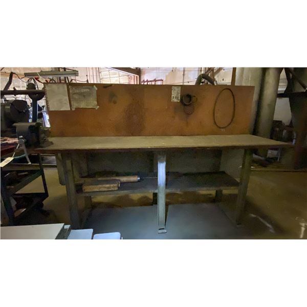 STEEL FRAMED WORK BENCH WITH JET MECHANICS VISE - APPROX.8FT X 2FT X 5FT HIGH TO TOP OF BACKBOARD
