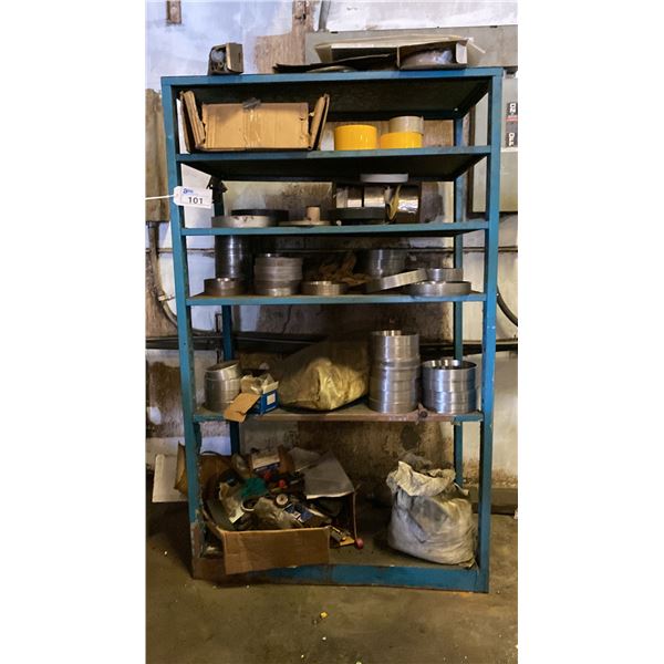 6 TIER METAL SHELF UNIT WITH CONTENTS - METAL CHUCK JAW SPACERS, TAPE, SOME TOOLS AND HARDWARE