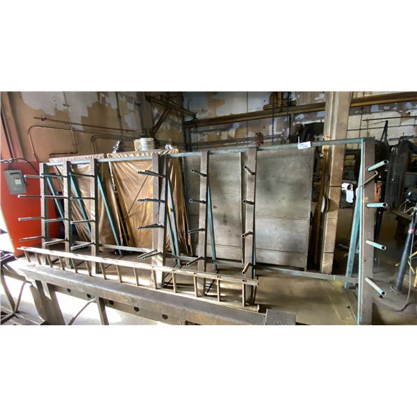 METAL A-FRAME MATERIAL STORAGE RACK AND (1) SECTION OF ALUMINIUM STEP LADDER