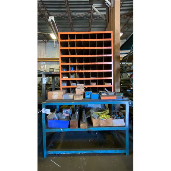 METAL FRAMED WORK TABLE WITH (56) COMPARTMENT ORANGE PARTS BIN AND ALL CONTENTS -COTTER PINS,