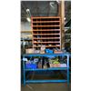 Image 1 : METAL FRAMED WORK TABLE WITH (56) COMPARTMENT ORANGE PARTS BIN AND ALL CONTENTS -COTTER PINS,