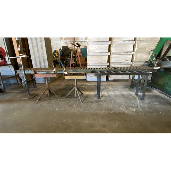 12FT ADJUSTABLE MATERIAL ROLLER CONVEYER, (3) MATERIAL ROLLER STANDS AND (1) STEEL LAY-OUT TABLE