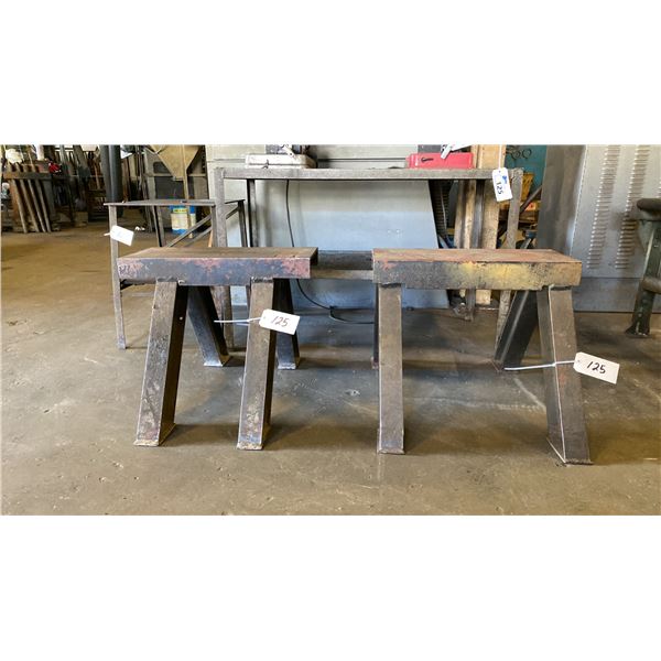 2 METAL WORK TABLES AND PAIR OF SMALL STEEL SAW HORSES