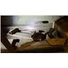 Image 11 : STEEL AND WOOD WORK TABLE WITH ATTACHED VISE, MACHINIST VISE AND ASSORTED INDUSTRIAL GRINDER