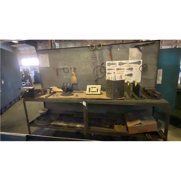 STEEL AND WOOD WORK TABLE WITH ATTACHED VISE, MACHINIST VISE AND ASSORTED INDUSTRIAL GRINDER